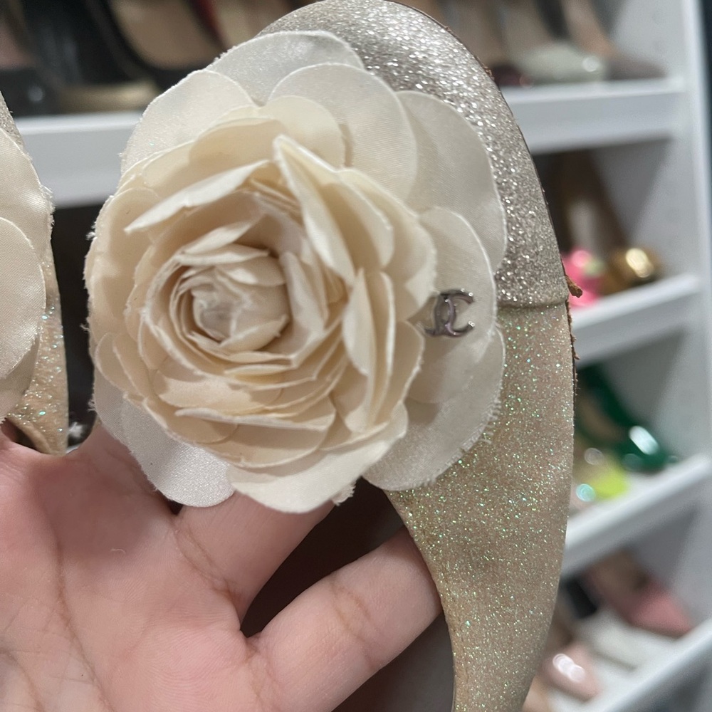 CHANEL Beige Glitter Camellia-Embellished Ballet Flats - Picture 4 of 13